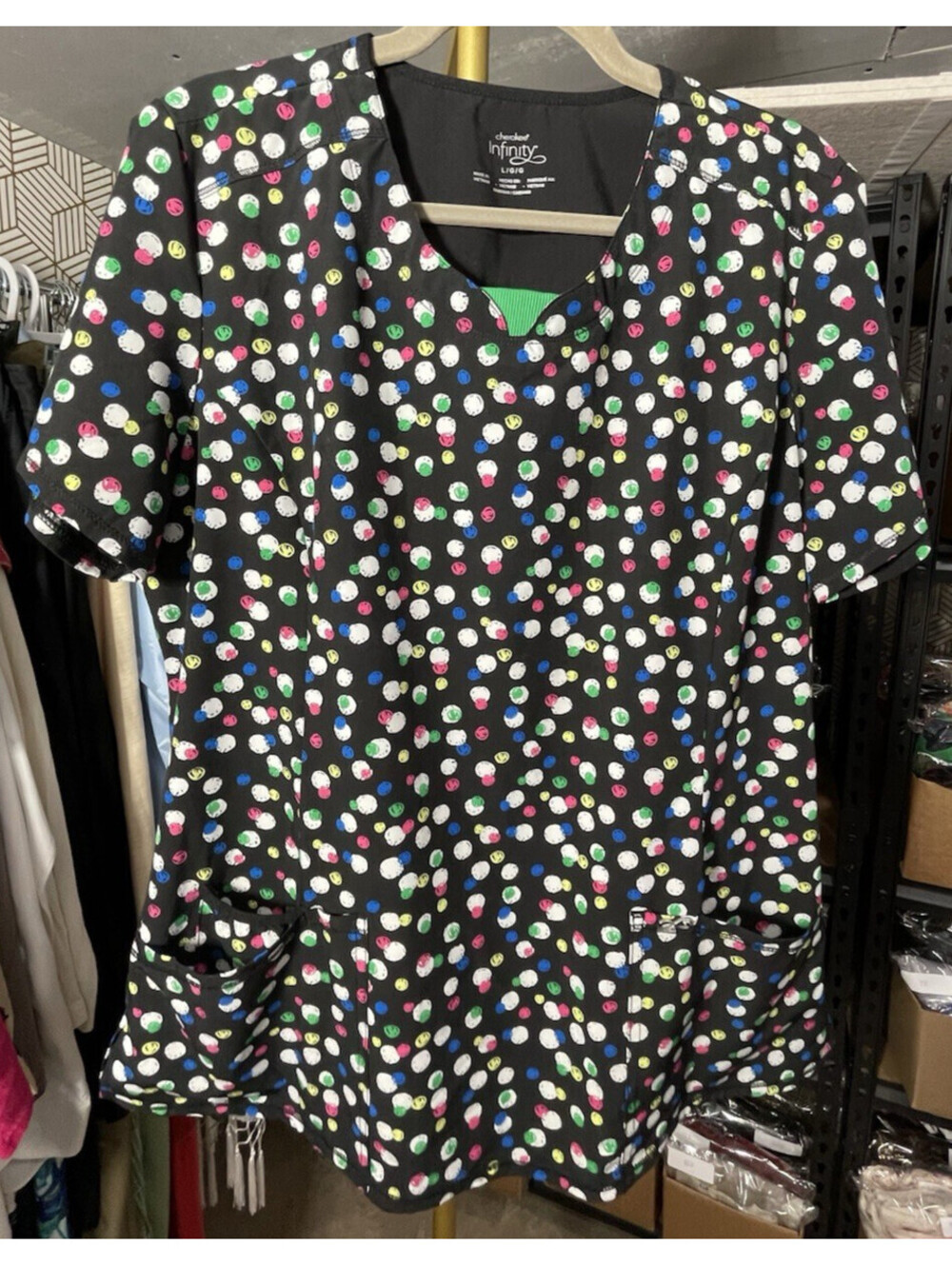Cherokee Infinity Scrub Top Womens Large Colorful Dots V-Neck Medical Uniform L